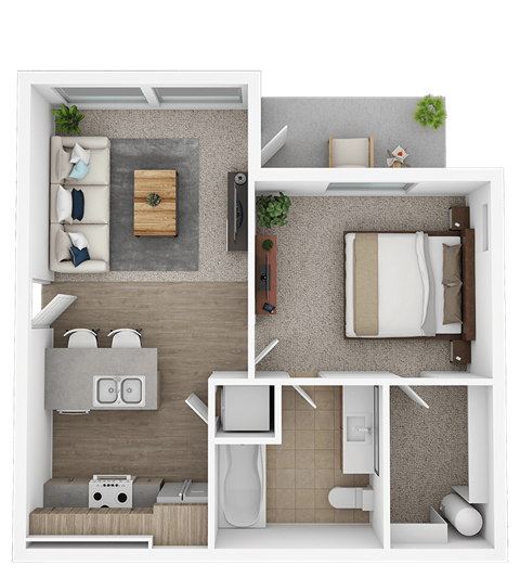 Floor plan for 1 bed, 1 bath, 557 sqft